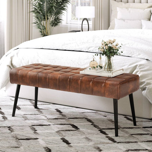 Mid-Century Modern Bedroom Bench with Brown Faux Leather Seat - - Bedroom > Bedroom Benches
