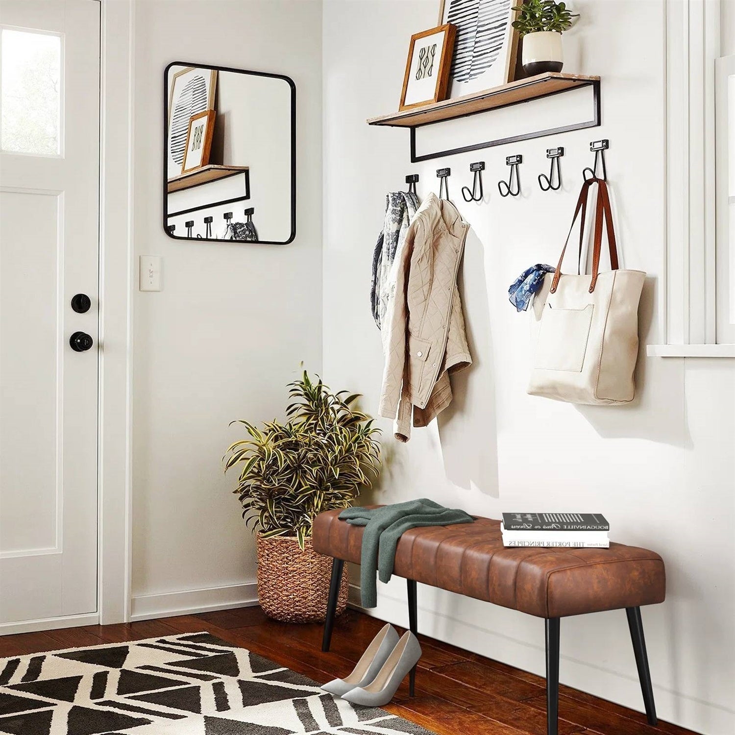 Mid-Century Modern Bedroom Bench with Brown PU Leather Seat and Tapered Legs - - Bedroom > Bedroom Benches