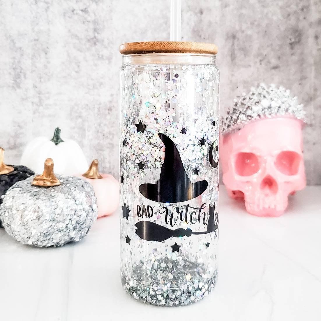 Bad Witch Halloween Snow Globe Glitter Iced Coffee Cup - - Drinkware