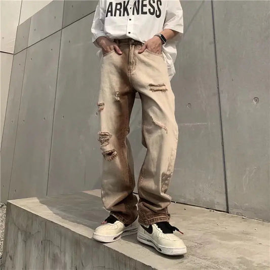 Men's Vintage Coffee Color Gradient Ripped Jeans - Kia Day Design