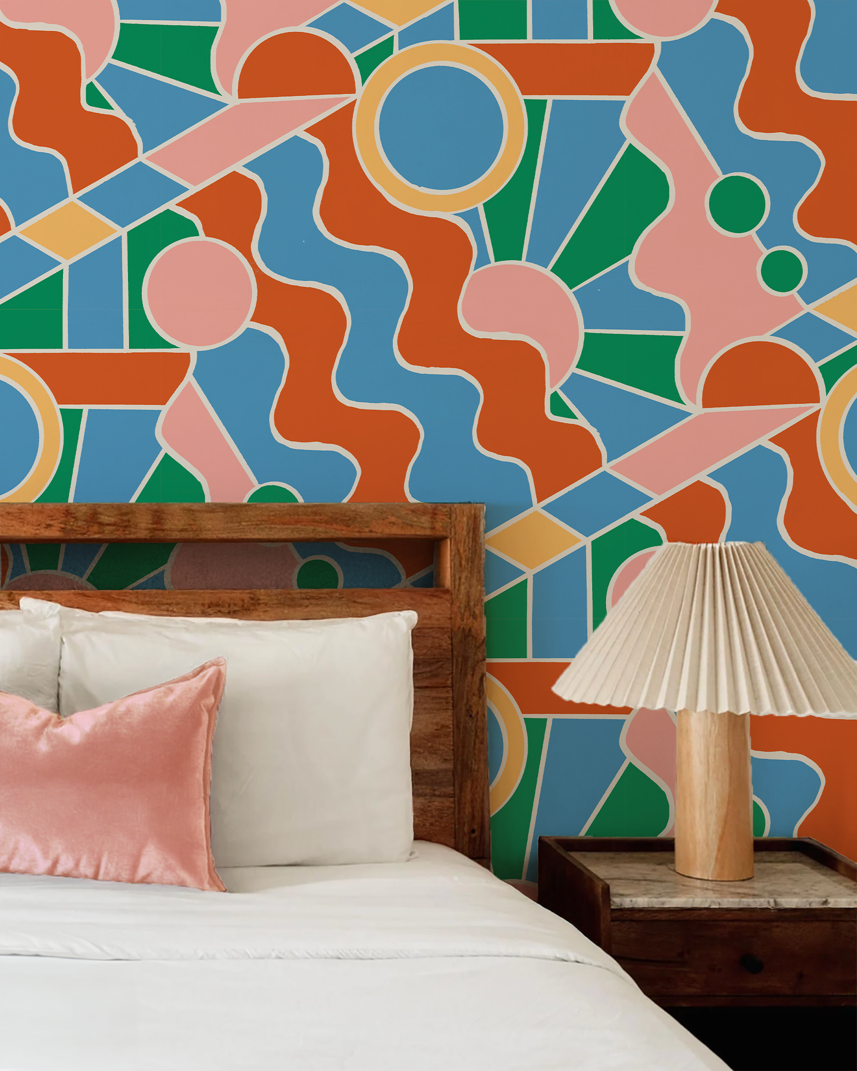 Day Trippin' Wallpaper, blue, green, pink and brick red- Samantha Santana Creative- {{Product type}}