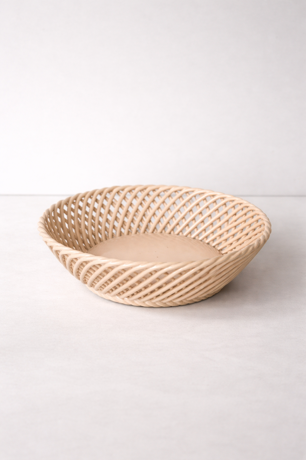 Ceramic Round Hand-Woven Basket – White, Beige & Pink Glazed Porcelain - - Bowl
