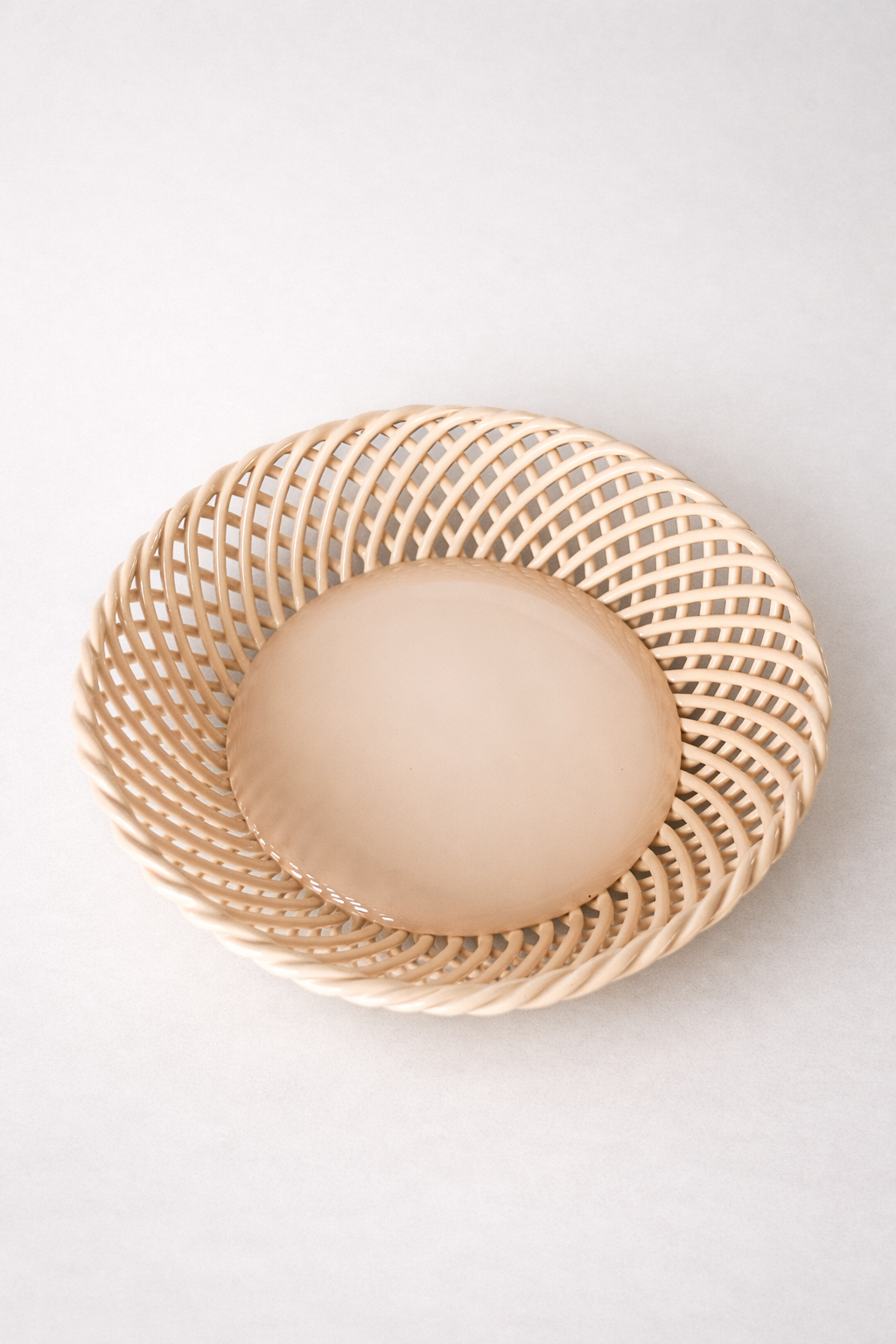 Ceramic Round Hand-Woven Basket – White, Beige & Pink Glazed Porcelain - - Bowl