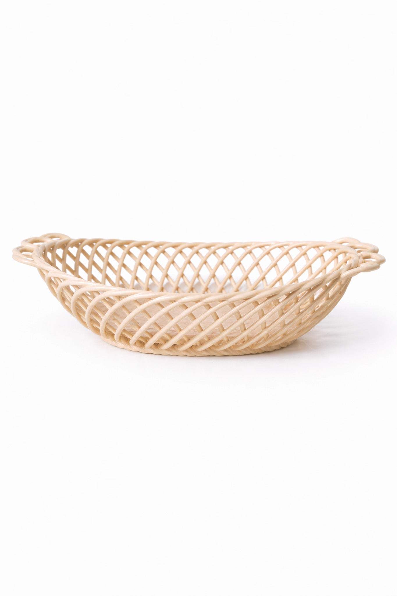 Ceramic Oval Basket – Hand-Woven Dish in White, Beige & Pink Glazed Porcelain - Beige - Bowl