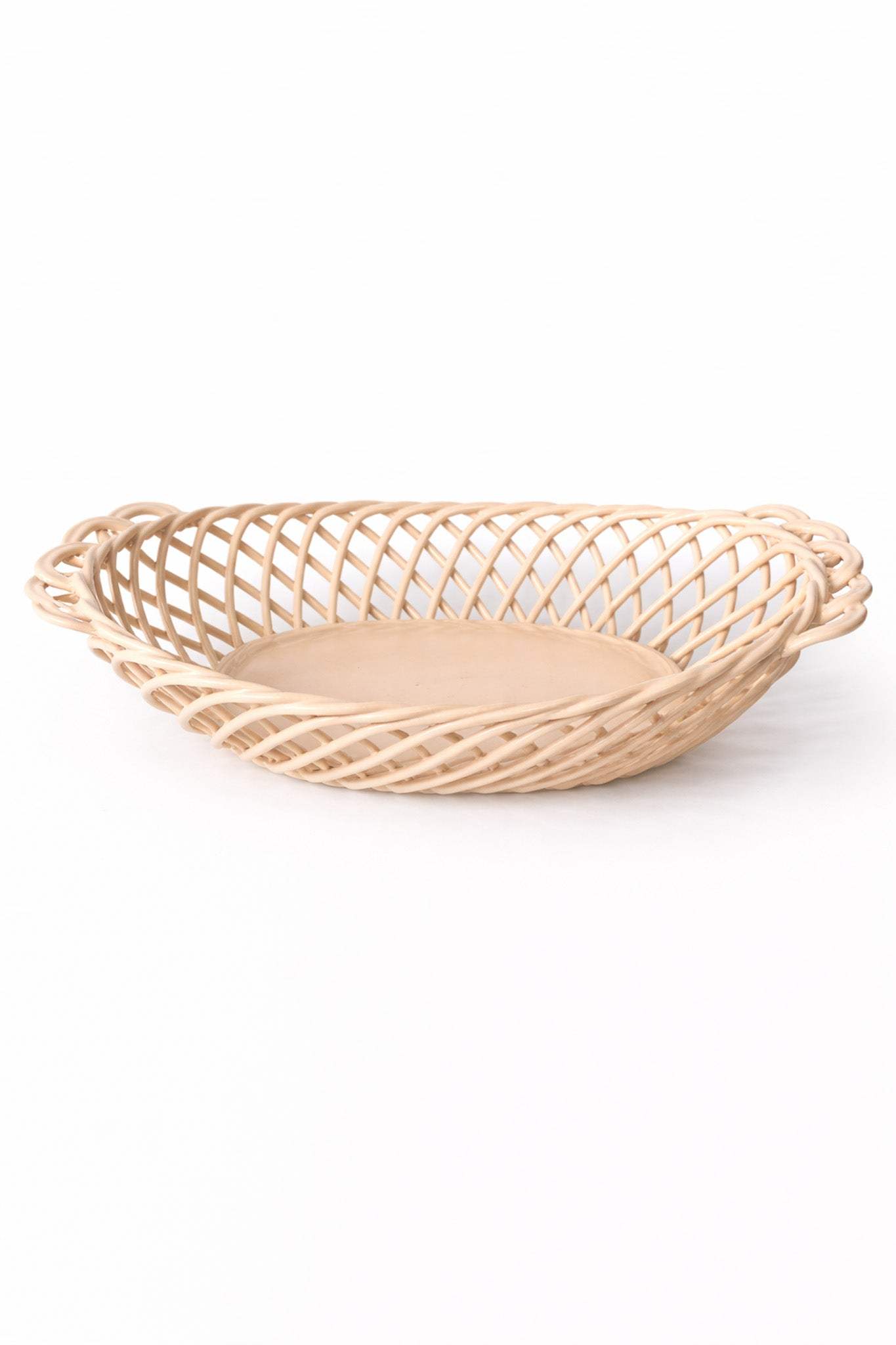 Ceramic Oval Basket – Hand-Woven Dish in White, Beige & Pink Glazed Porcelain - - Bowl