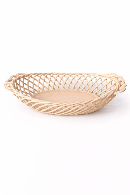 Ceramic Oval Basket – Hand-Woven Dish in White, Beige & Pink Glazed Porcelain - - Bowl