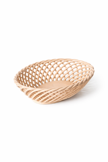 Hand-Woven Ceramic Basket -Small Oval Porcelain Dish in White, Beige & Pink - - Bowl
