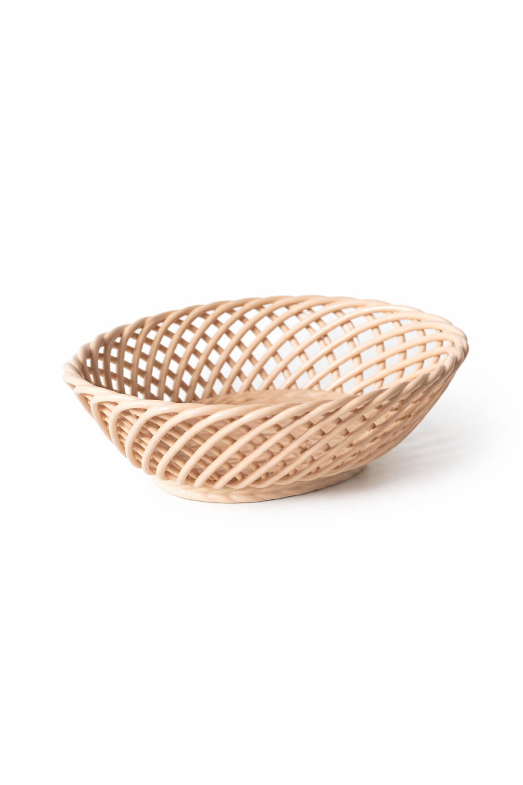 Hand-Woven Ceramic Basket -Small Oval Porcelain Dish in White, Beige & Pink - Beige - Bowl