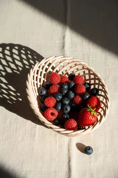 Hand-Woven Ceramic Basket -Small Oval Porcelain Dish in White, Beige & Pink - - Bowl