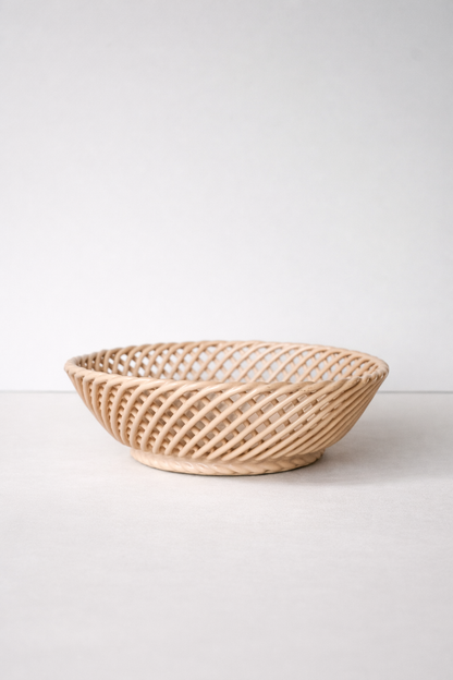 Ceramic Round Hand-Woven Basket – White, Beige & Pink Glazed Porcelain - Beige - Bowl