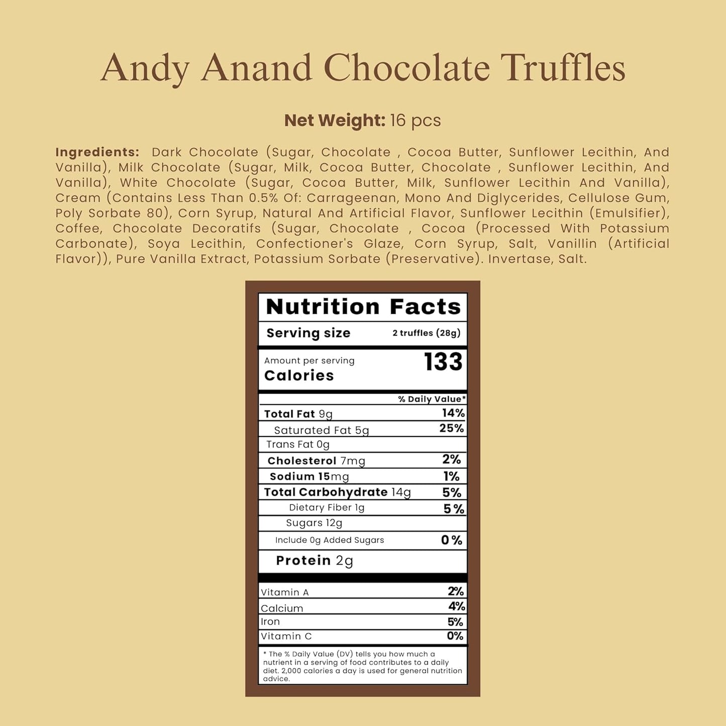 Andy Anand Assorted Belgian Chocolate Truffles Gift Box, 16 pc – Handmade Creamy Filled Gourmet Chocolates, Birthday & Holiday Gift Box - - Food & Beverages > Desserts & Sweets > Chocolate