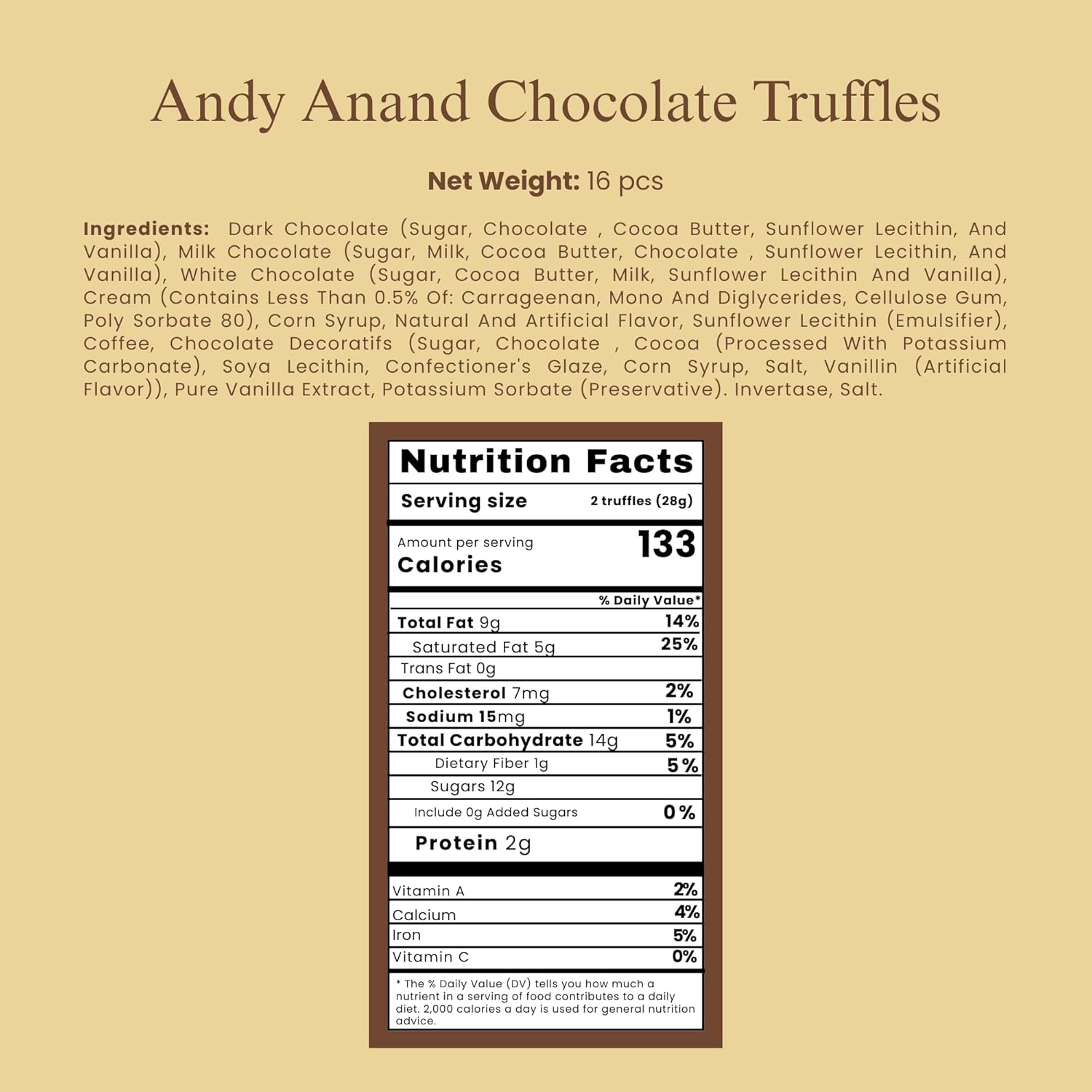 Andy Anand Assorted Belgian Chocolate Truffles Gift Box, 16 pc – Handmade Creamy Filled Gourmet Chocolates, Birthday & Holiday Gift Box - - Food & Beverages > Desserts & Sweets > Chocolate