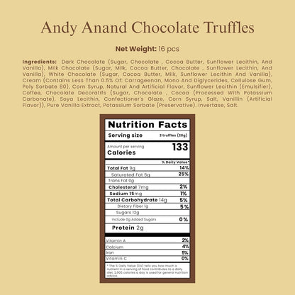 Andy Anand Assorted Belgian Chocolate Truffles Gift Box, 16 pc – Handmade Creamy Filled Gourmet Chocolates, Birthday & Holiday Gift Box - - Food & Beverages > Desserts & Sweets > Chocolate