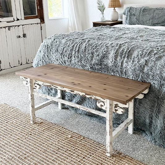 Distressed White Finish Wooden Bench - - bench