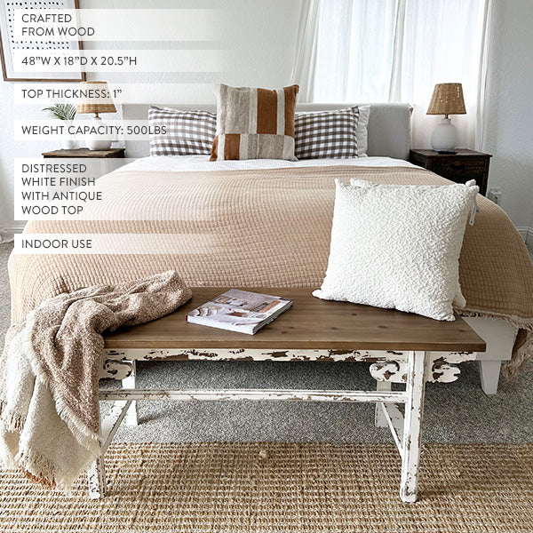 Distressed White Finish Wooden Bench - - Whats trending