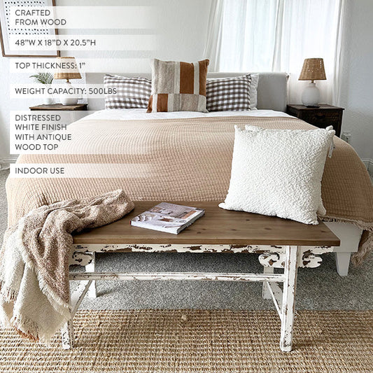 Distressed White Finish Wooden Bench - - bench