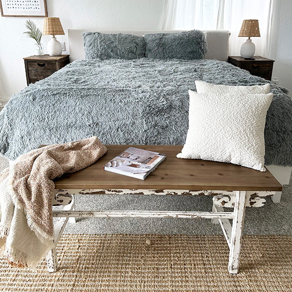 Distressed White Finish Wooden Bench - - Whats trending