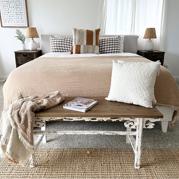 Distressed White Finish Wooden Bench - - Whats trending