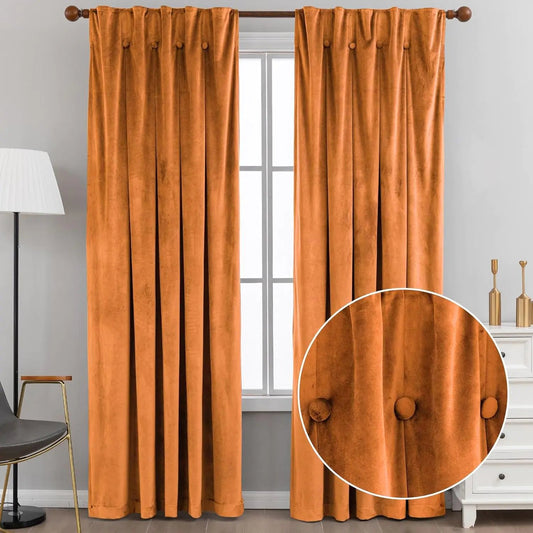 Mustard Orange Velvet Room Darkening Rod Pocket Insulated Curtains 2 Panels W52 x L63 inches - Kia Day Design