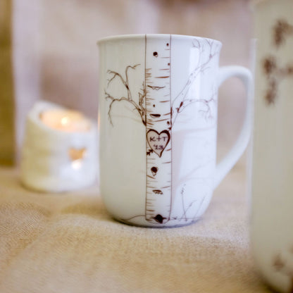Personalized Ceramic Birch Mug Set – Custom Initials in Heart Design - chocolate - personalized mug