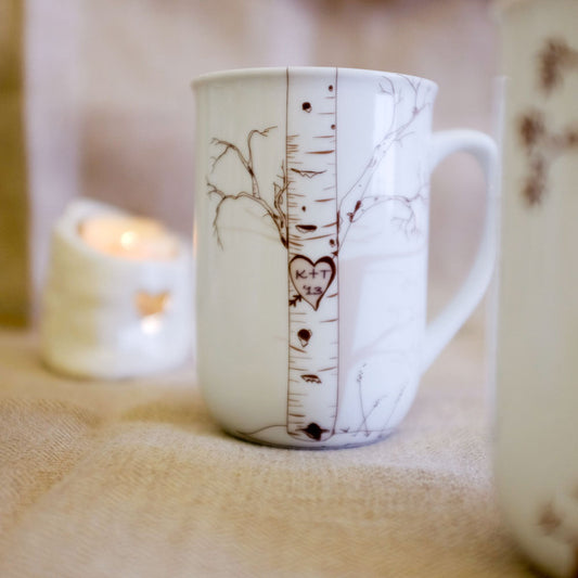 Personalized Ceramic Birch Mug Set – Custom Initials in Heart Design - chocolate - personalized mug