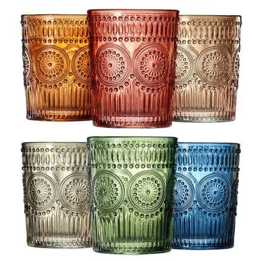 Beautiful Colored Tumbler Drinking Glasses | Set of 6 | Crystal 10oz - Vintage Drinking Cup Luxury Multi Color Glassware Gift Set Her Wife & Mom Him - Colorful Drinkware for Water Wine Cocktail Kia Day Design