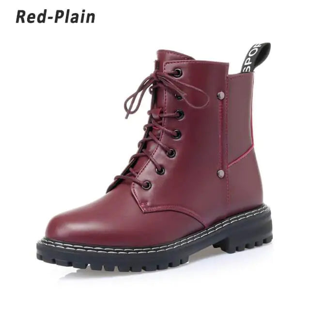 Genuine Leather Womens Chunky Heel Ankle Boots - Wine Red 35 - boots