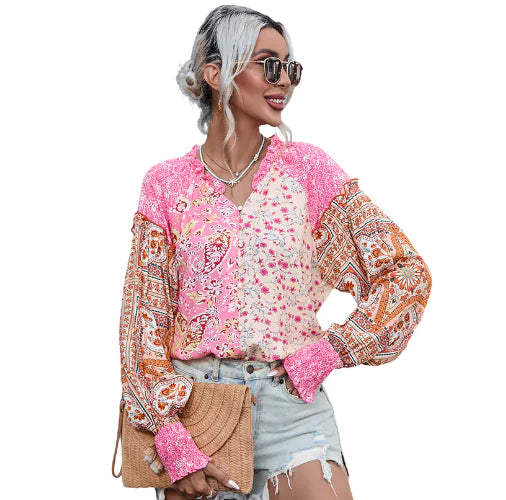 Pink Floral Printed Lantern Sleeve V-Neck Blouse - Pink - Women's Fashion - Women's Clothing - Blouses & Shirts
