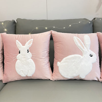 Soft Rabbit Pillow Cover Sofa Cushion Velvet Embroidered Pillow Girl's Heart Pink Cartoon Pillow Cover Cute - -