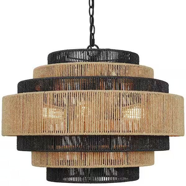 Open Box Prime Ray Luster Boho 24 in. 6-Light 7-Tier Hand Woven Rattan Pendant Chandelier Light with Large Shade and Black Finish - - Open Box Prime Ray Luster Boho 24 in. 6-Light 7-Tier Hand Woven Rattan Pendant Chandelier Light with Large Shade and Black Finish