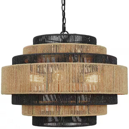 Open Box Prime Ray Luster Boho 24 in. 6-Light 7-Tier Hand Woven Rattan Pendant Chandelier Light with Large Shade and Black Finish - - Open Box Prime Ray Luster Boho 24 in. 6-Light 7-Tier Hand Woven Rattan Pendant Chandelier Light with Large Shade and Black Finish