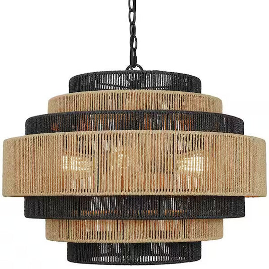 Open Box Prime Ray Luster Boho 24 in. 6-Light 7-Tier Hand Woven Rattan Pendant Chandelier Light with Large Shade and Black Finish - - Open Box Prime Ray Luster Boho 24 in. 6-Light 7-Tier Hand Woven Rattan Pendant Chandelier Light with Large Shade and Black Finish