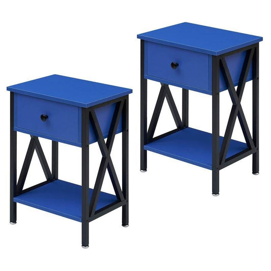 Set of 2 - 1 Drawer Nightstand in Dark Blue and Black - - Bedroom > Nightstand and Dressers
