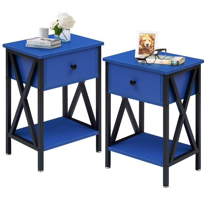 Set of 2 - 1 Drawer Nightstand in Dark Blue and Black - - Bedroom > Nightstand and Dressers