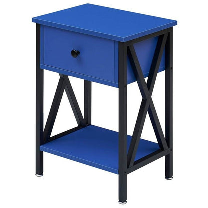 Set of 2 - 1 Drawer Nightstand in Dark Blue and Black - - Bedroom > Nightstand and Dressers