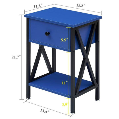 Set of 2 - 1 Drawer Nightstand in Dark Blue and Black - - Bedroom > Nightstand and Dressers