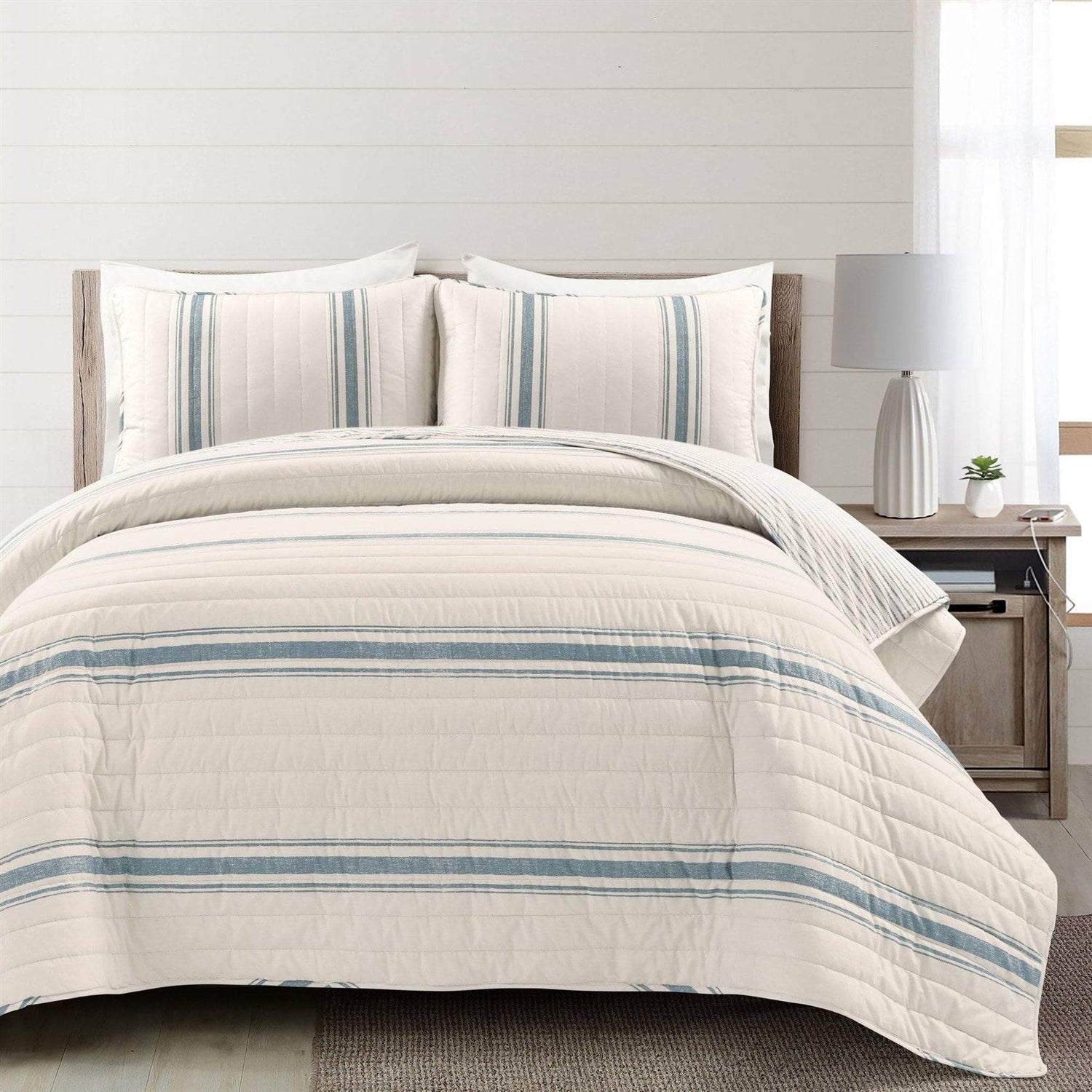 California King Blue Off-White Cream Stripe 3 Piece Reversible Cotton Quilt Set - - Bedroom > Quilts & Blankets
