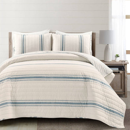 California King Blue Off-White Cream Stripe 3 Piece Reversible Cotton Quilt Set - - Bedroom > Quilts & Blankets