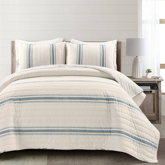 California King Blue Off-White Cream Stripe 3 Piece Reversible Cotton Quilt Set - - Bedroom > Quilts & Blankets