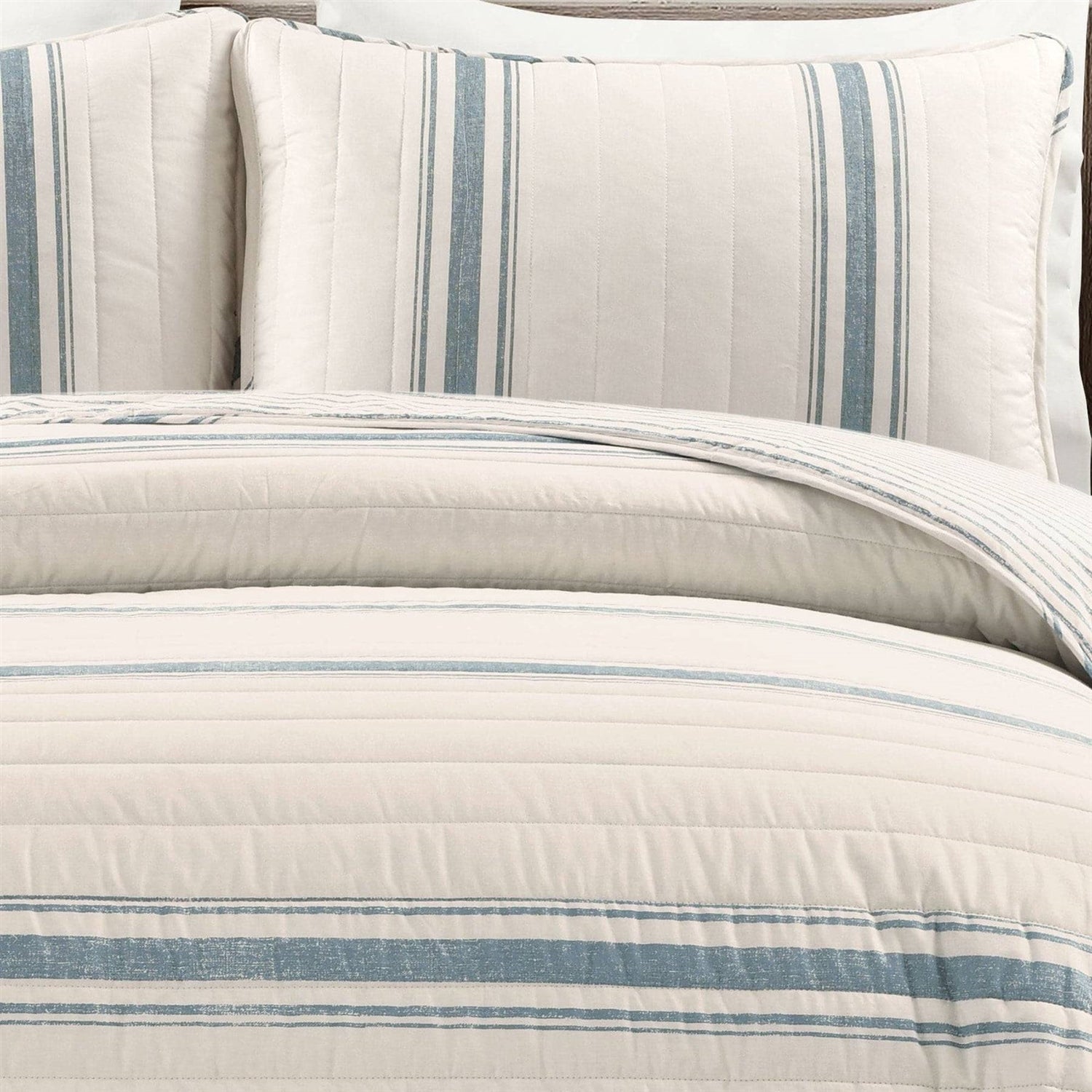California King Blue Off-White Cream Stripe 3 Piece Reversible Cotton Quilt Set - - Bedroom > Quilts & Blankets