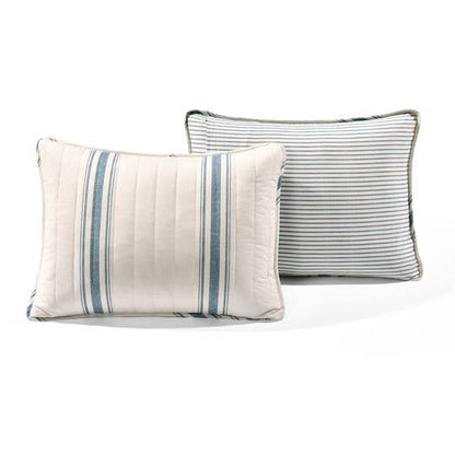California King Blue Off-White Cream Stripe 3 Piece Reversible Cotton Quilt Set - - Bedroom > Quilts & Blankets