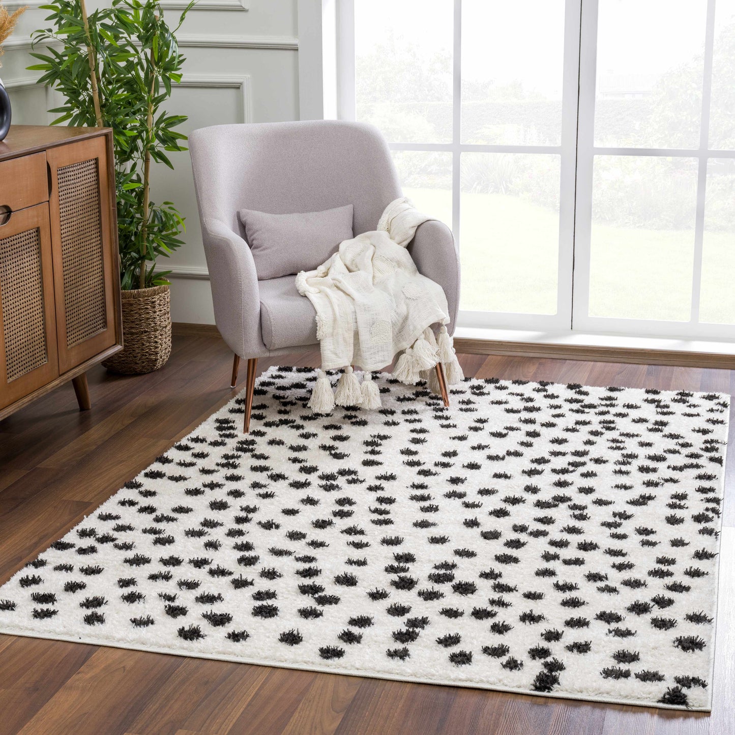 Cansu Black & White Dotted Area Rug - - Rugs