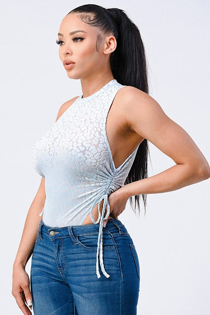Velvet Leopard Side Shirring Extreme Cut Bodysuit - - Bodysuit