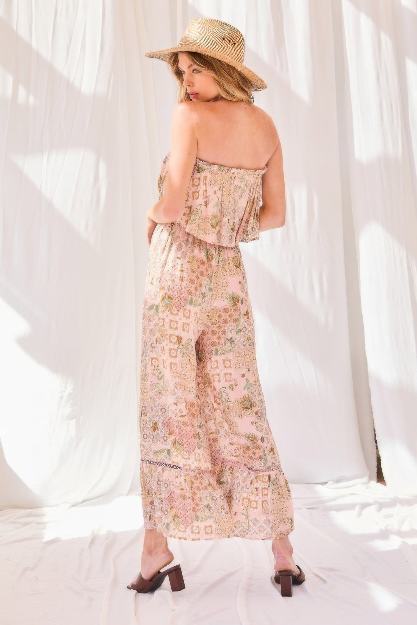 Tube Top With Tier Ruffle Waist Elastic Bottom Lace Trim Jumpsuit - -