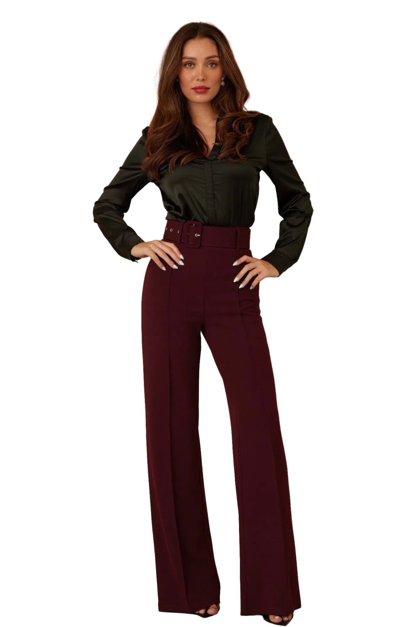 High Waist Pants With Buckle Belt - -