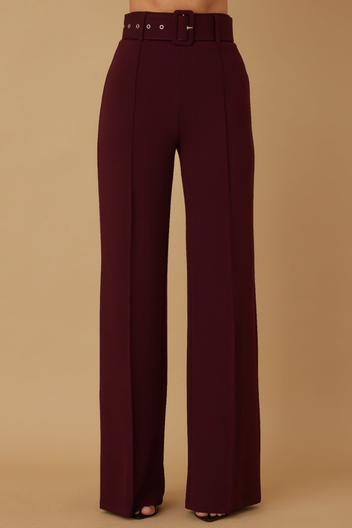 High Waist Pants With Buckle Belt - -