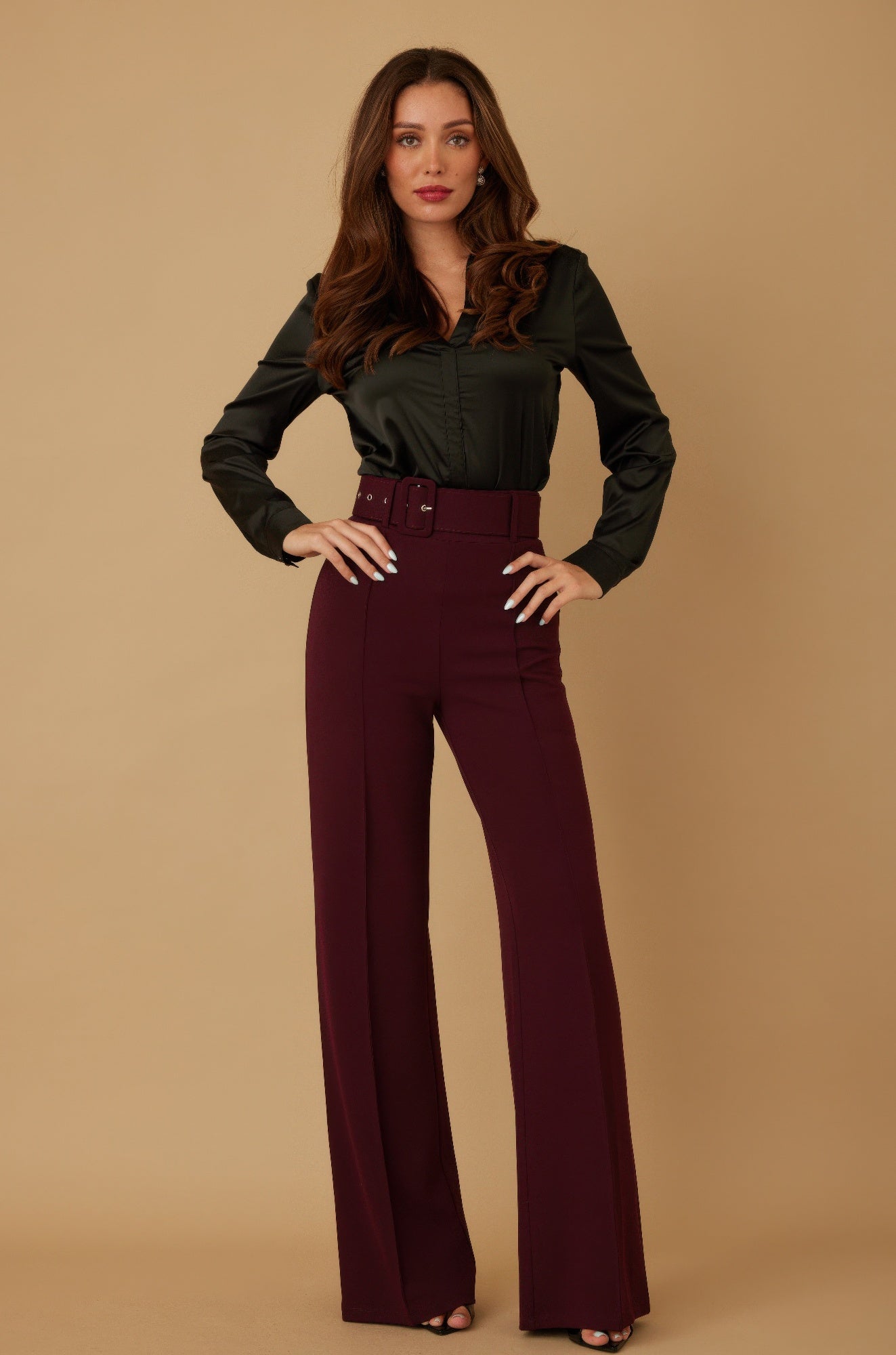 High Waist Pants With Buckle Belt - L -
