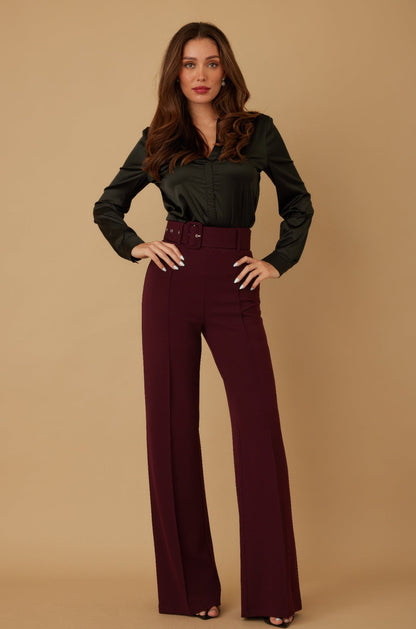 High Waist Pants With Buckle Belt - L -