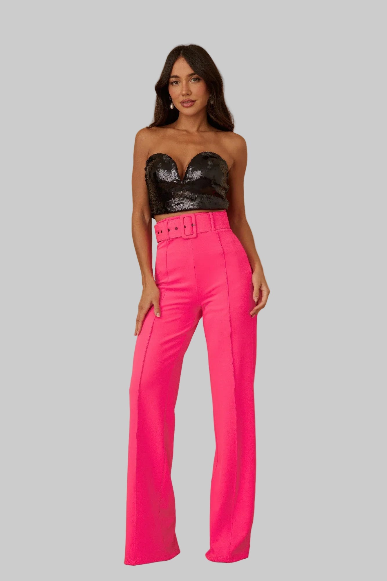 High Waist Pants With Buckle Belt - Neon fuchsia -