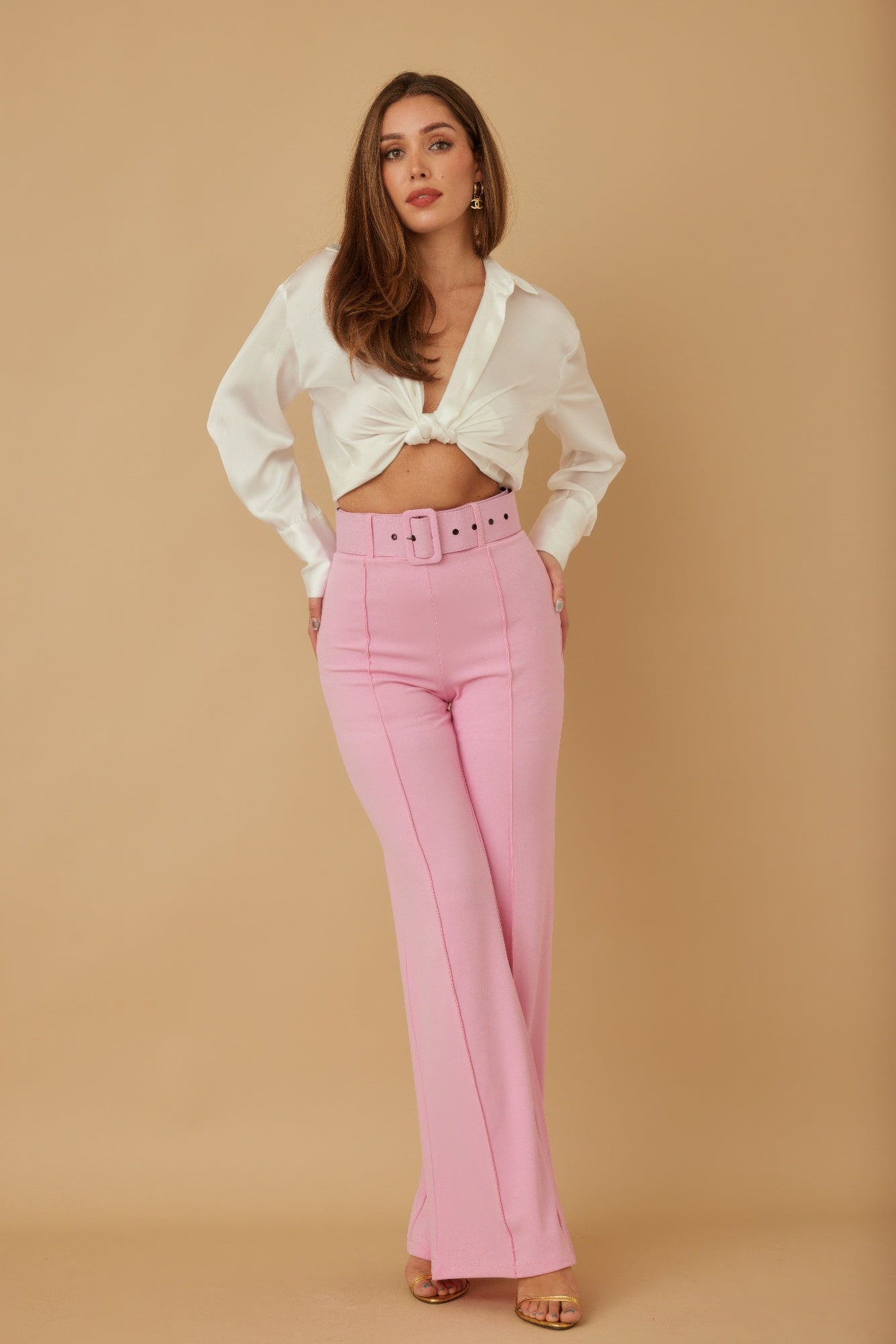 High Waist Pants With Buckle Belt - -
